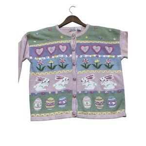 Vintage 90s Easter Eggs Rabbits Pastel Holiday Knit Sweater Gallagher XL